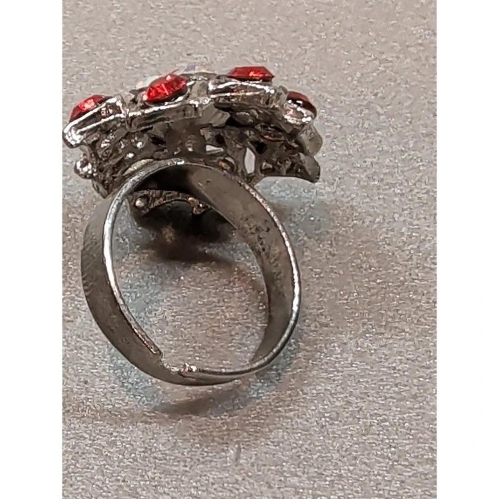 Vintage Red Iridescent Glass Stone Cluster Cocktail Ring Silver Tone Adjustable